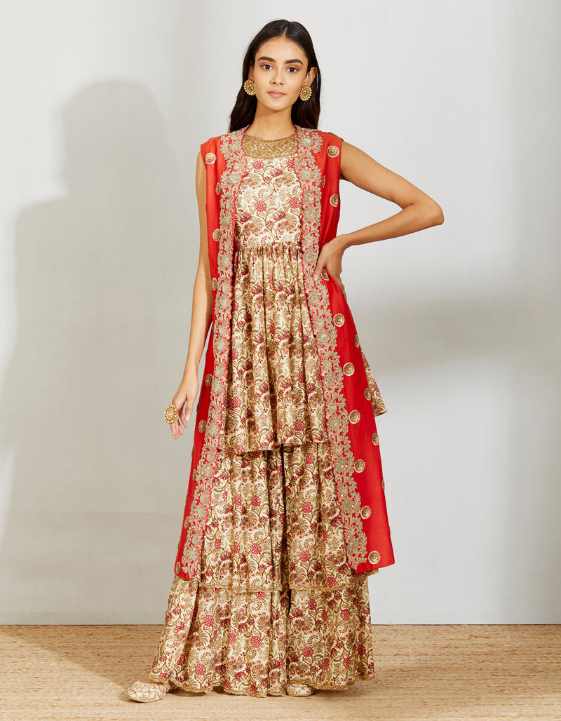 Ivory Nargish Print Frock Top And Ivory Nargish Print Sharara And Polka Tara Booti Jacket
