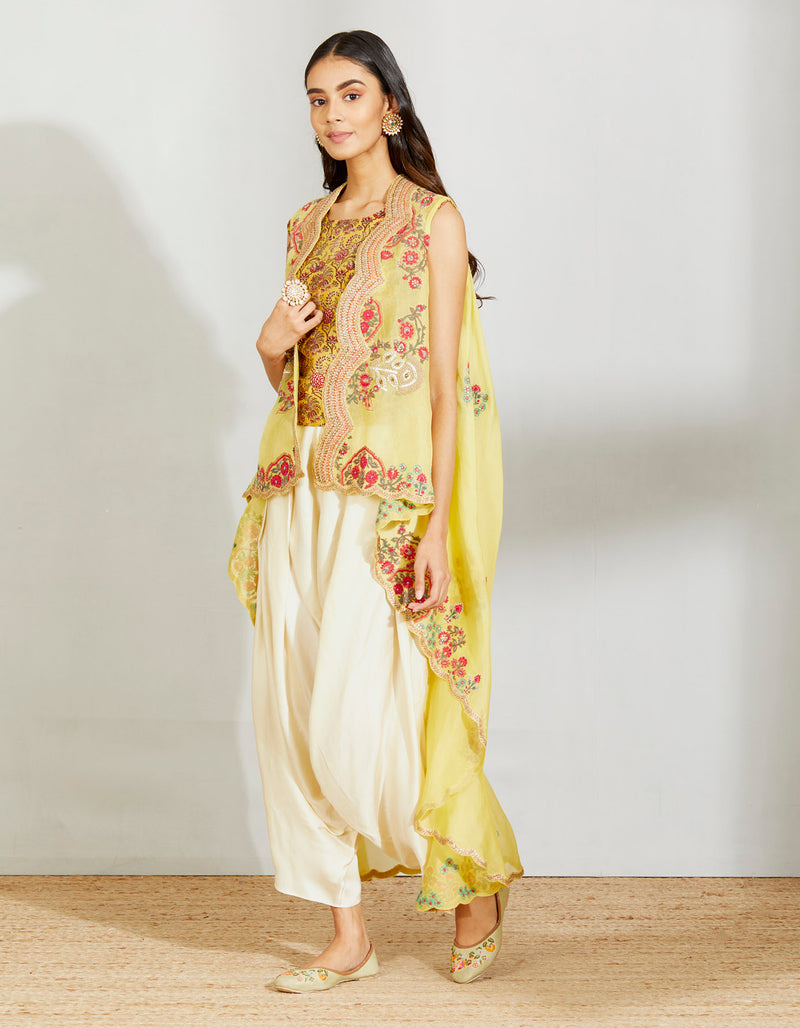 Yellow Organza Highlow Jacket With Top And Pant