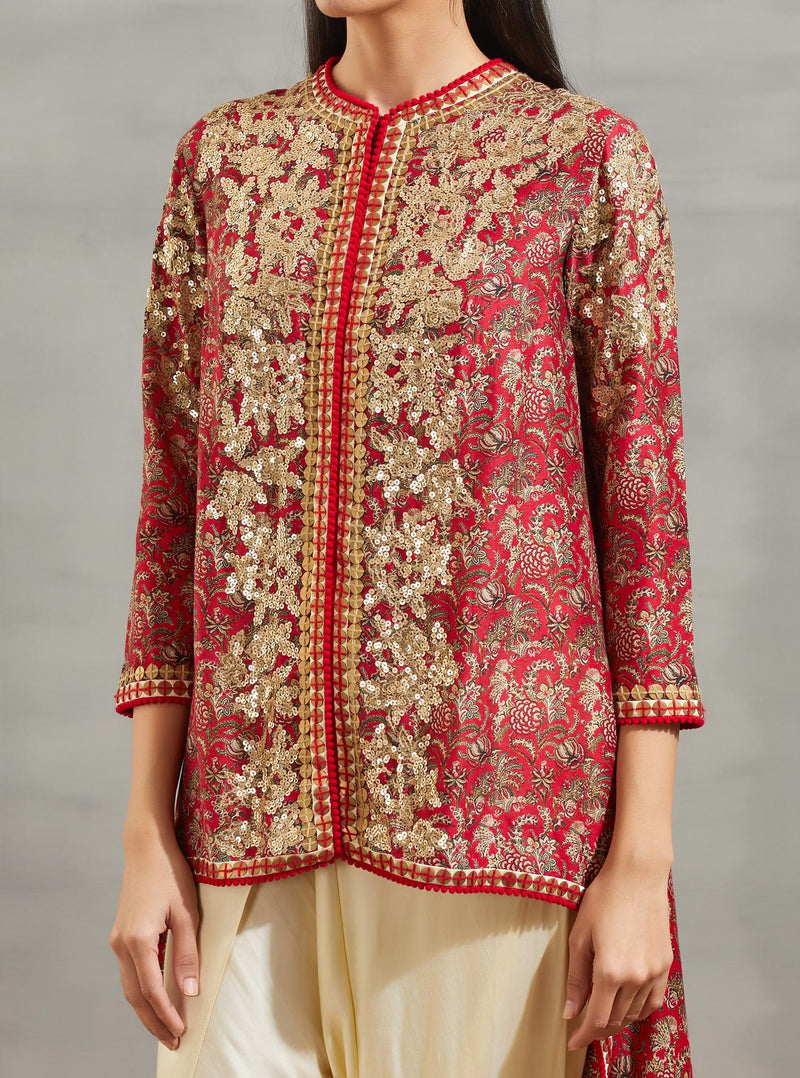 Magenta Mughal Print Sequence Jacket Set