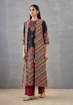 Zig Zag Jacket with Ombre One Side Kurta with Red Palazzo in Blue