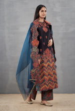 Ombre Zig Zag Kurta with Mughal Print Palazzo and Organza Dupatta in Blue