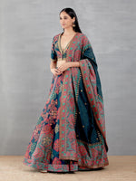 Blue Mughal Print Lehenga With Mughal Embroidery Blouse And Dupatta
