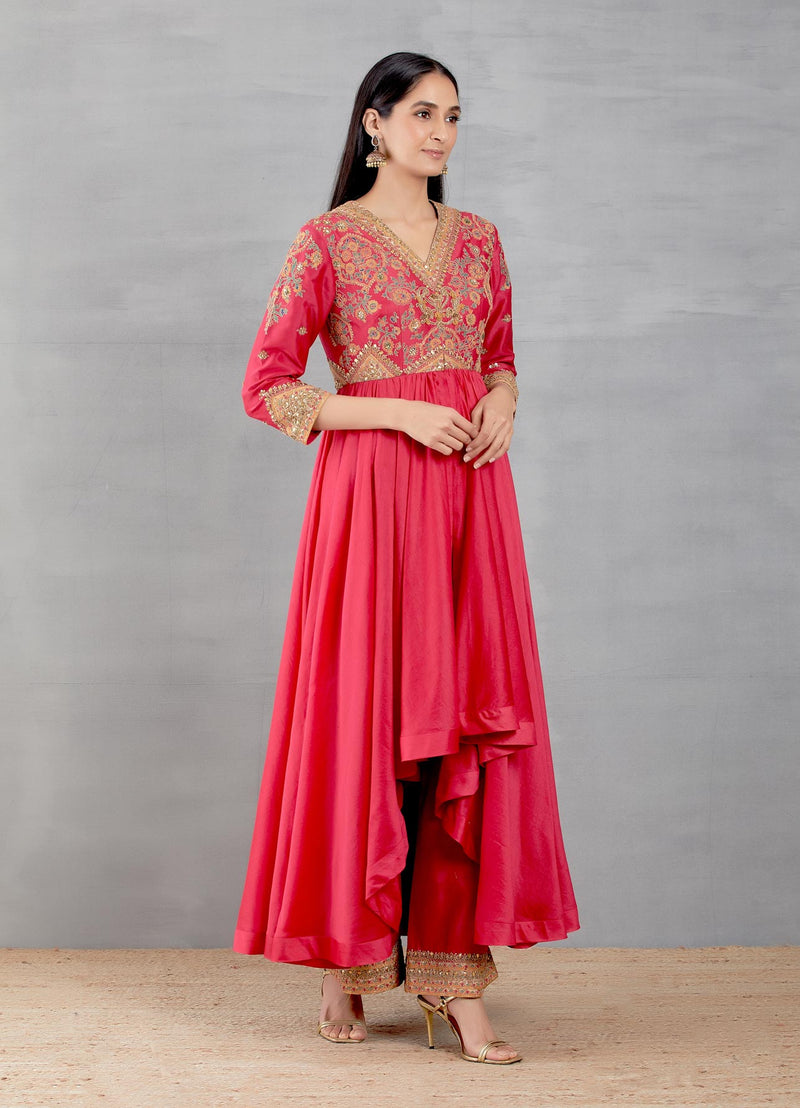 Magenta Thread Work Yoke Plain Chanderi Tunic With Palazzo