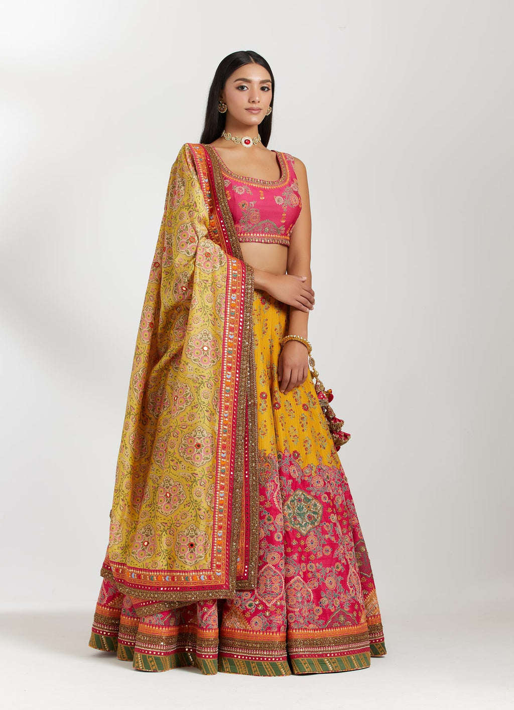 Magenta And Yellow Chanderi Lehenga Set