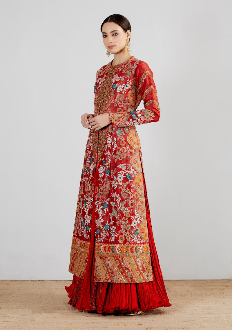 Red Mughal Print Long Jacket With Tamba And Thread Work With a Crushed Skirt