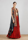 Blue Gujrati Highlow With Bustier And Red Crushed Sharara