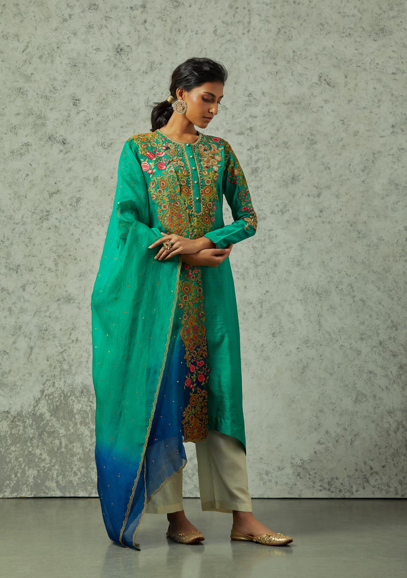 Green and blue shaded silk kurta set