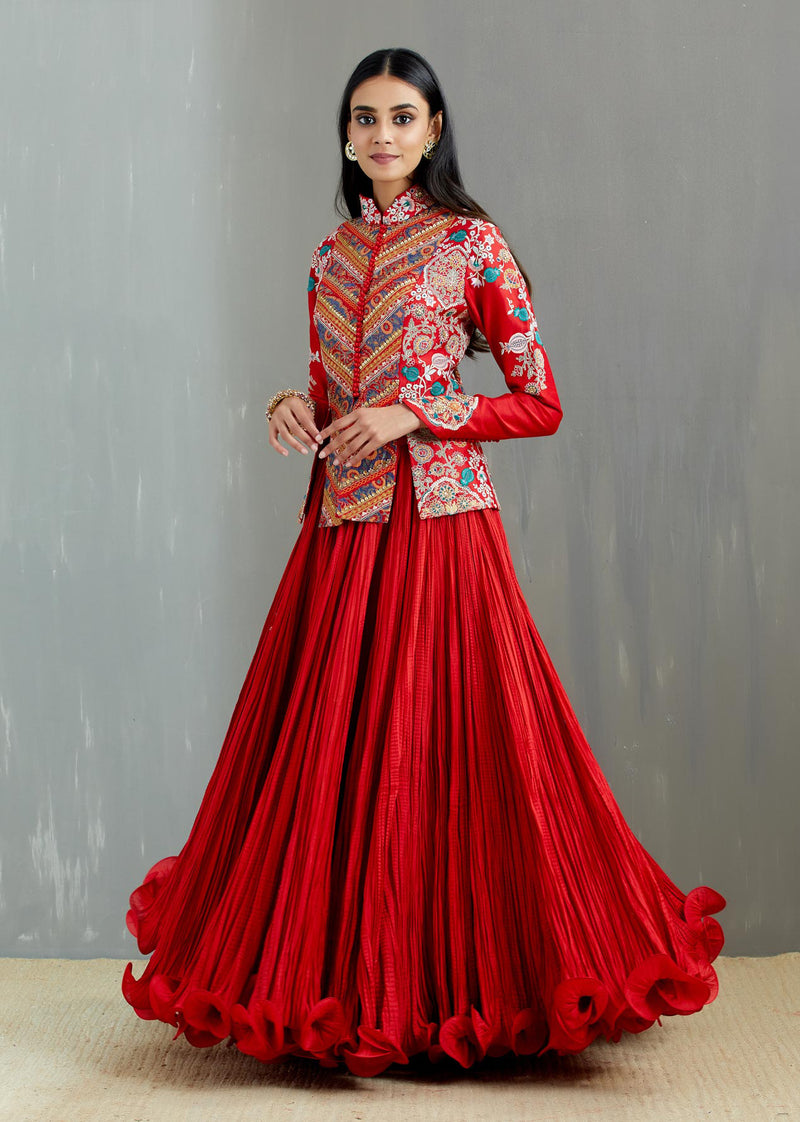 Red British Jacket With Chanderi Crinkle Skirt