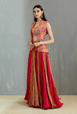 Magenta Chanderi & Orange Mughal Print Crinkle Skirt With Embroidered Jacket And Orange Print Bustier