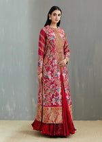 Red Mughal Print Long Jacket With Tamba And Thread Work With Crushed Skirt