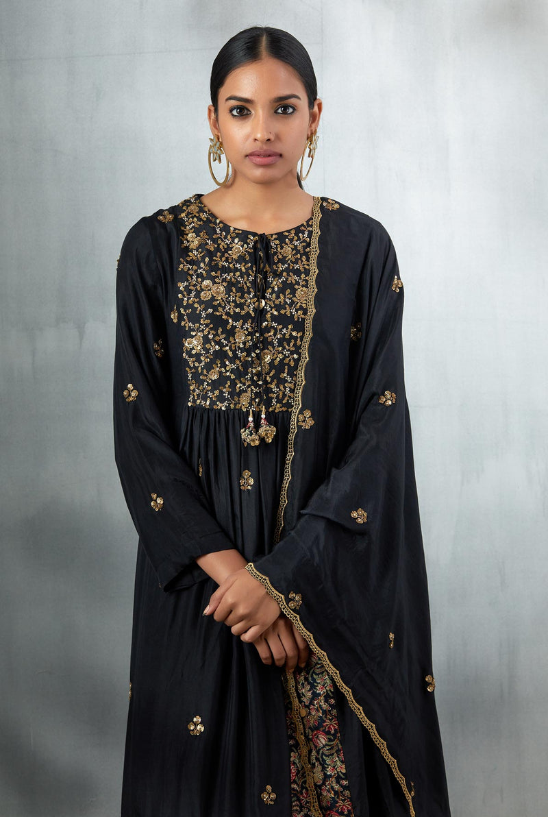 Black Embroidered Kalidaar with an Embroidered Dupatta and Palazzos