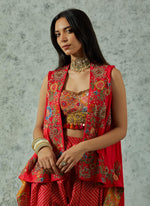 Red Silk Highlow Cape With Dhoti Set