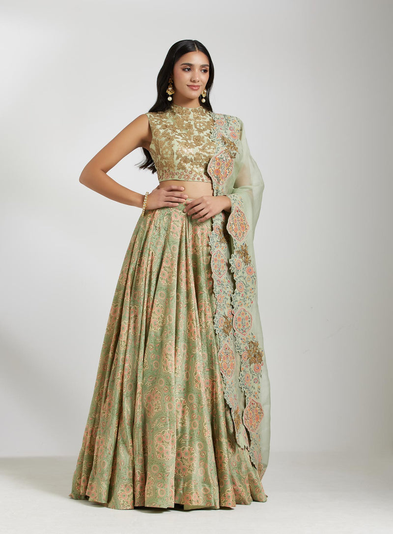 Pista Green Printed Lehenga Set