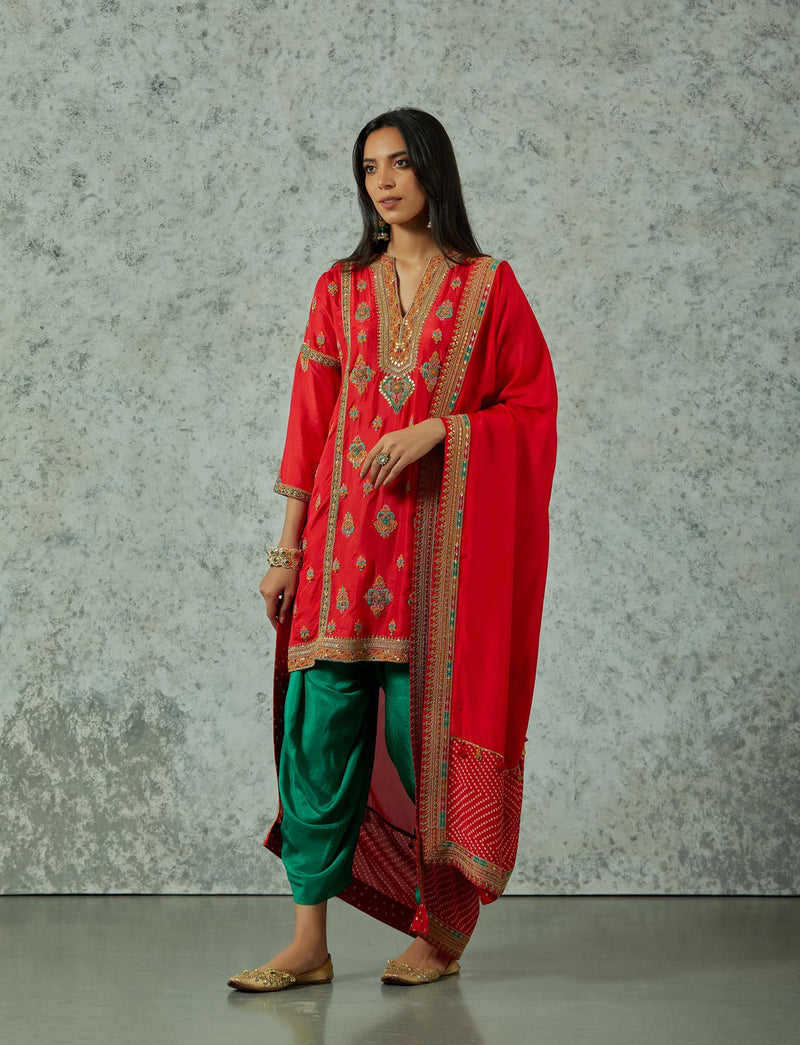 Red Silk Embroidered Kurta Set