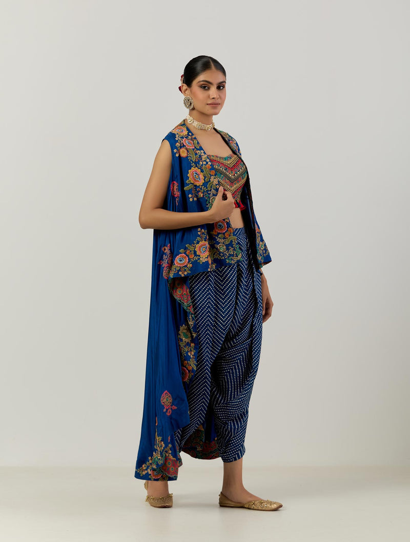 Blue Silk Highlow Jacket Bustier And Bandani Print