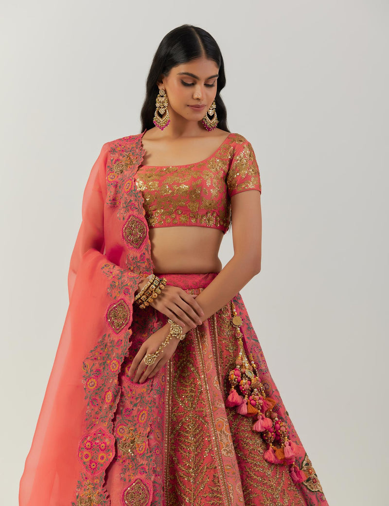 Coral Shimmer Lehenga With Blouse And Dupatta