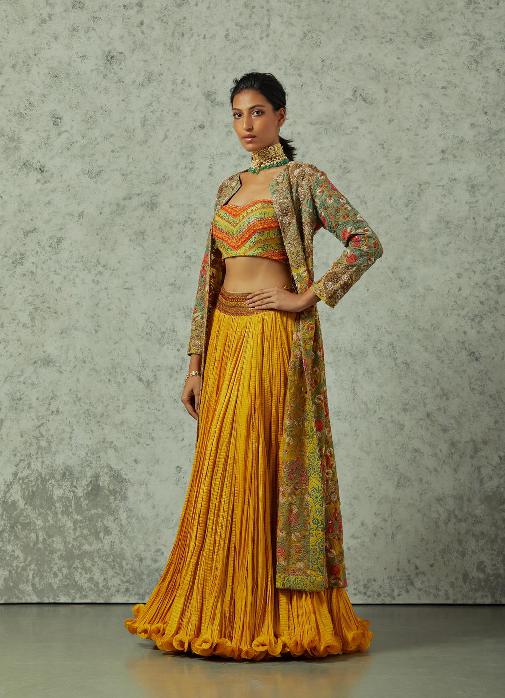 Mustard crinkled skirt with a heavy embroidered jacket set