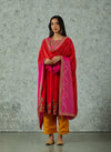 Red And Rani Pink Silk Embroidered Kurta Set