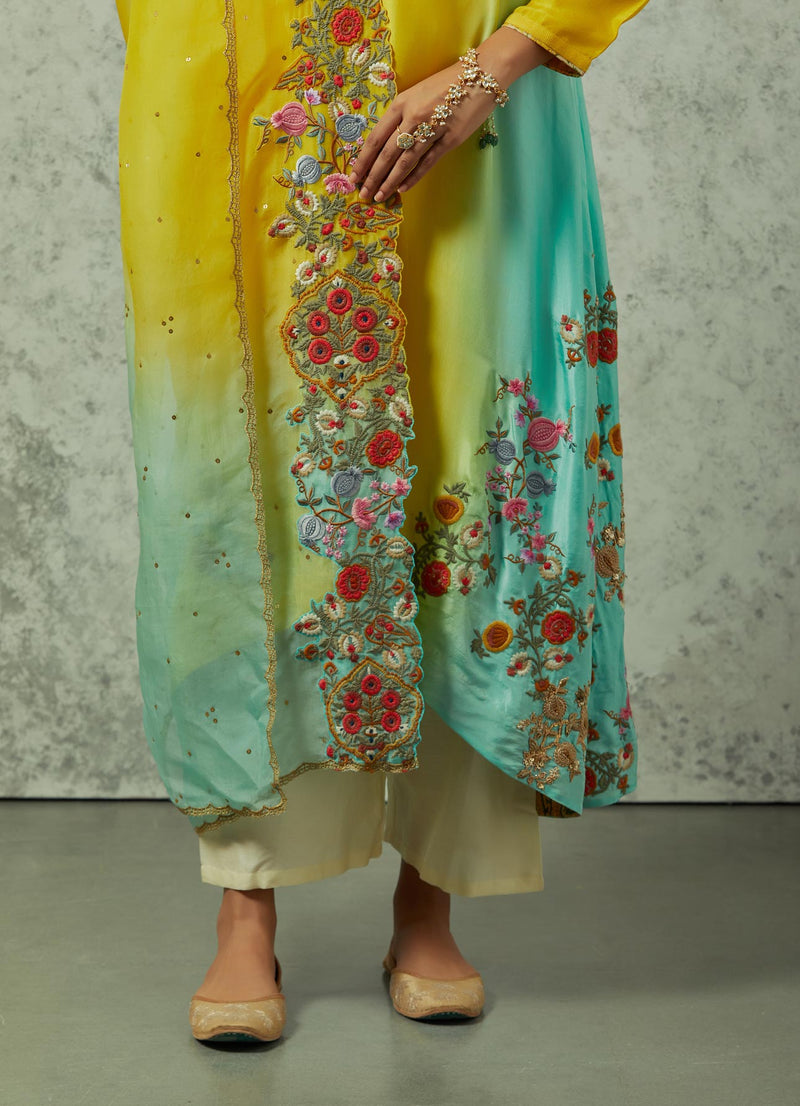 Mustard and Feroza Shaded Kurta with Palazzo Set