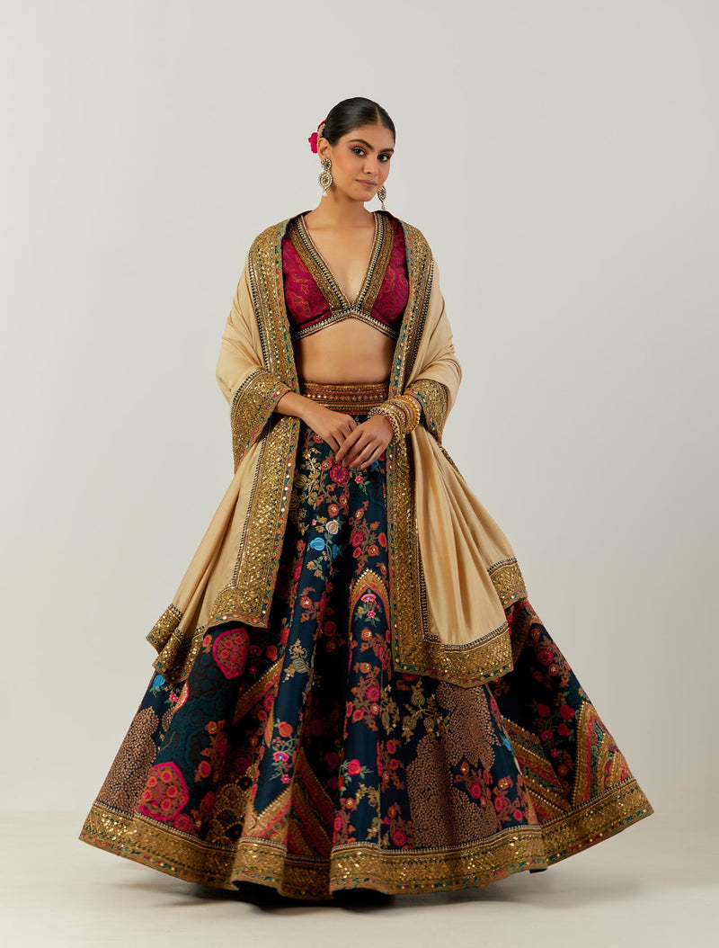 Pink and Mustard Lehenga In Raw Silk