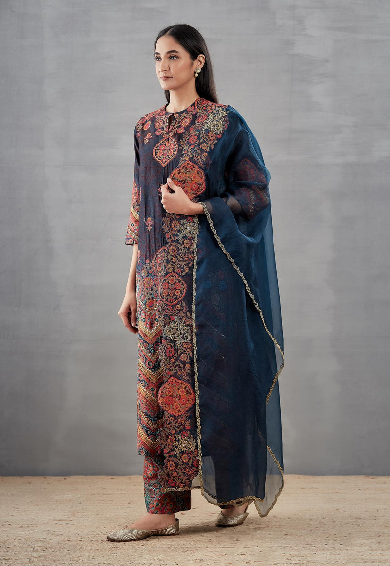 Ombre Zig Zag Kurta with Mughal Print Palazzo and Organza Dupatta in Blue