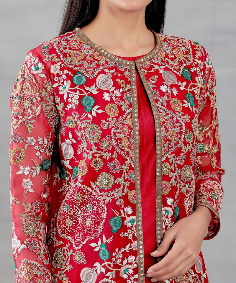 Organza Mughal And Anar Long Jacket With Printed Inner With Blue Pant