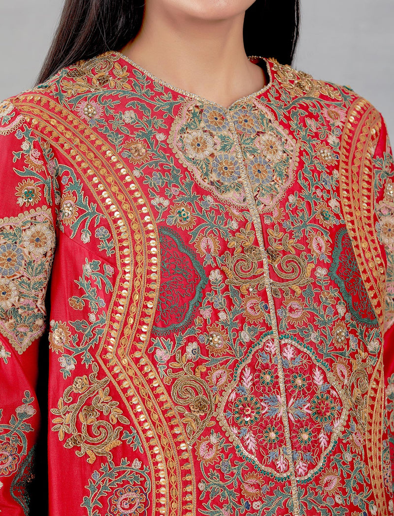 Red Mughal Barfi Trail Jacket With Dhoti Pant