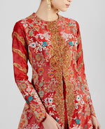 Red Mughal Print Long Jacket With Tamba And Thread Work With Crushed Sharara