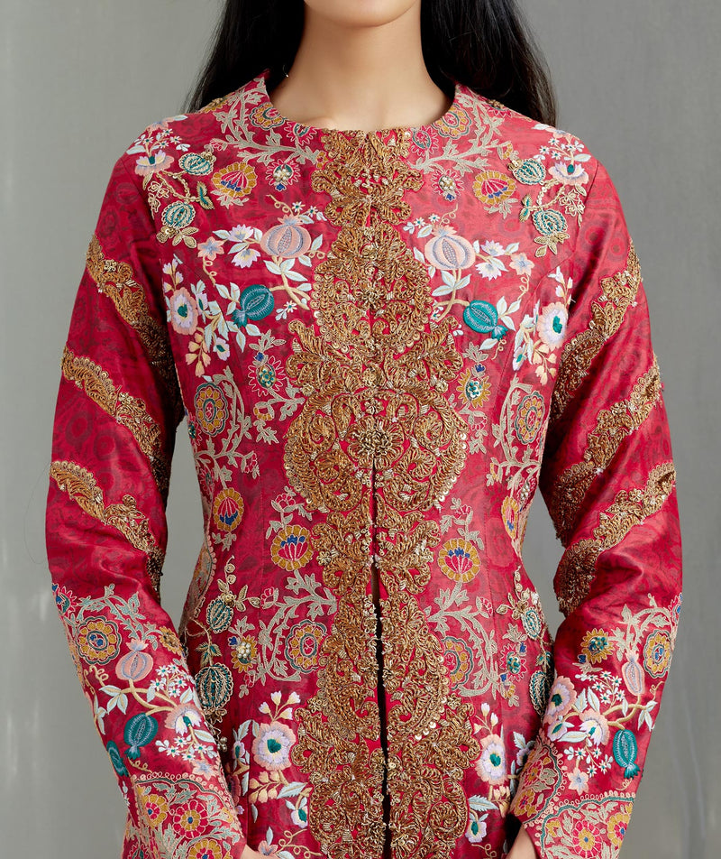 Red Mughal Print Long Jacket With Tamba And Thread Work With Crushed Skirt