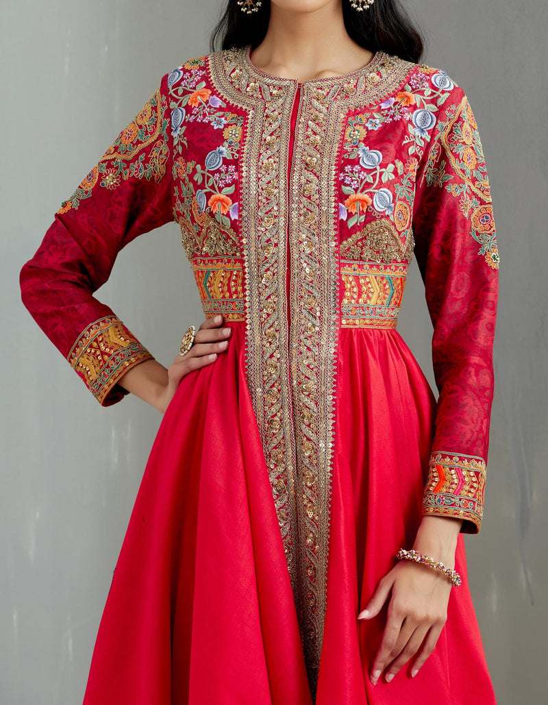 Red Gujrati Chery Tunic with Shaded Orange Mughal Print Palazzo