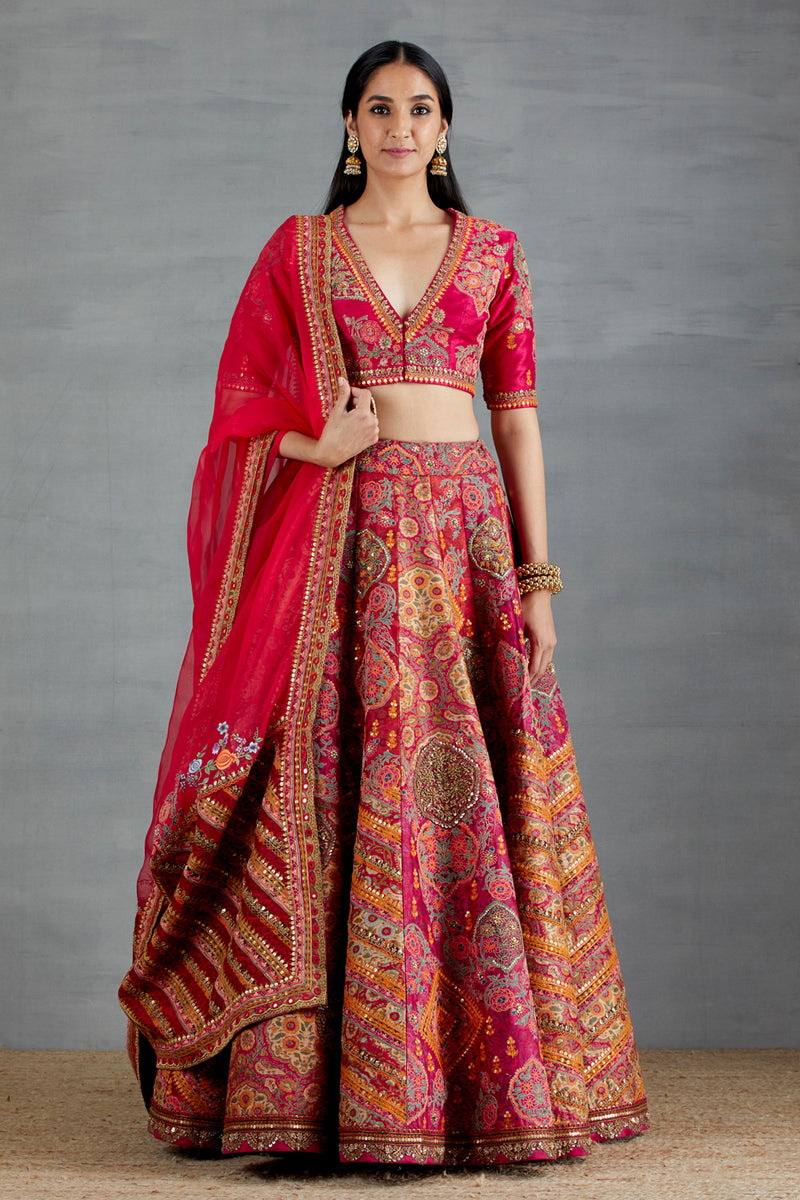 Red and Magenta Lehenga In Silk Chanderi