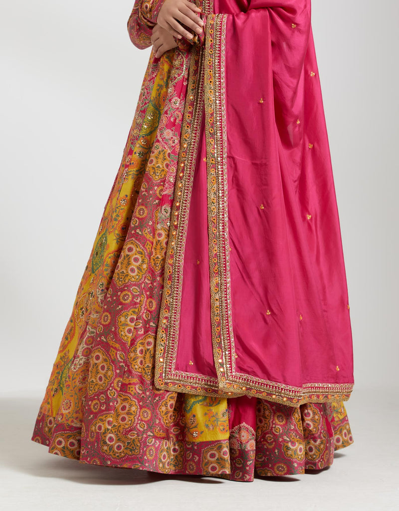 Printed Magenta Chanderi Kalidar Set