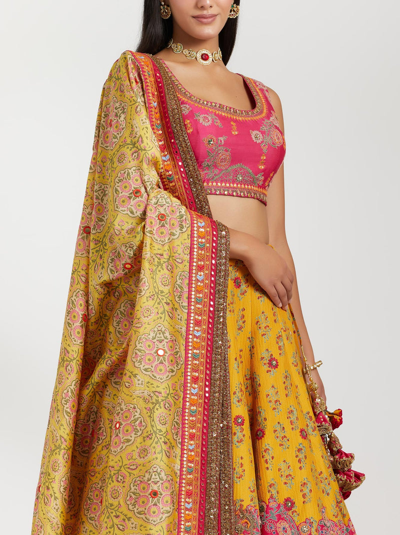 Magenta And Yellow Chanderi Lehenga Set