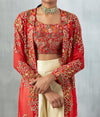 Red Long Embroidered Jacket with Dhoti Pant