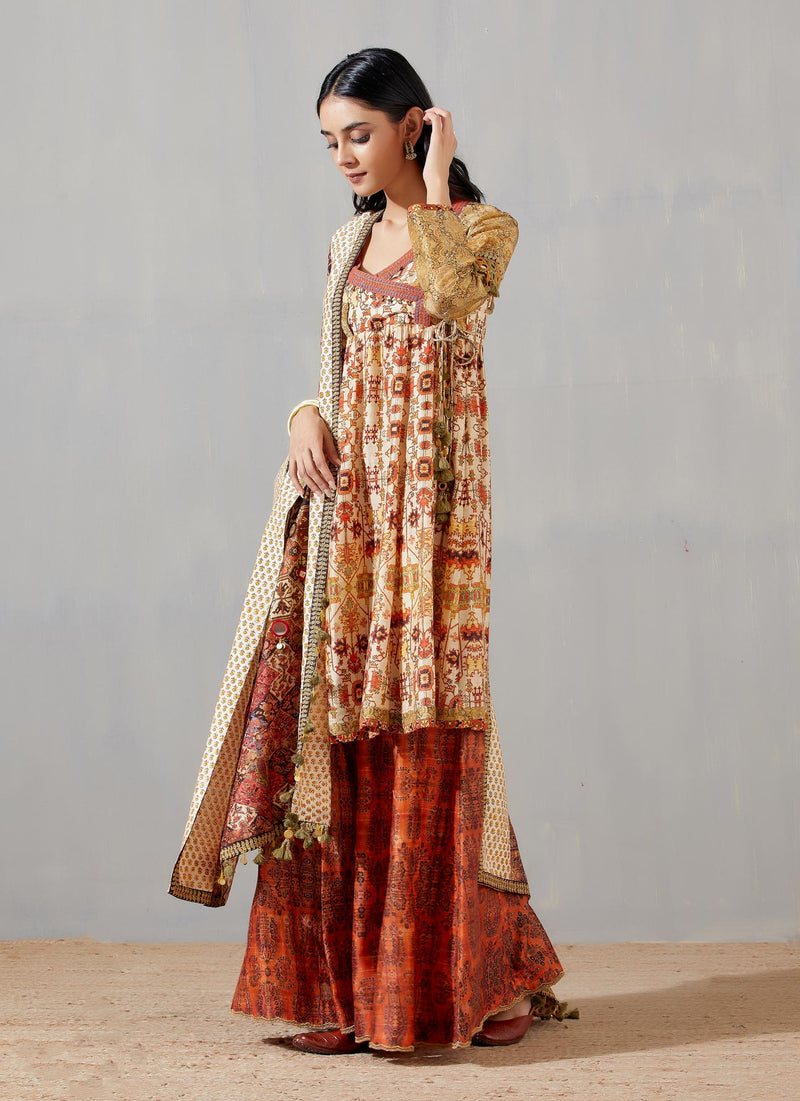 Nergis Angrakha Frock Dress With Orange Print Dupatta