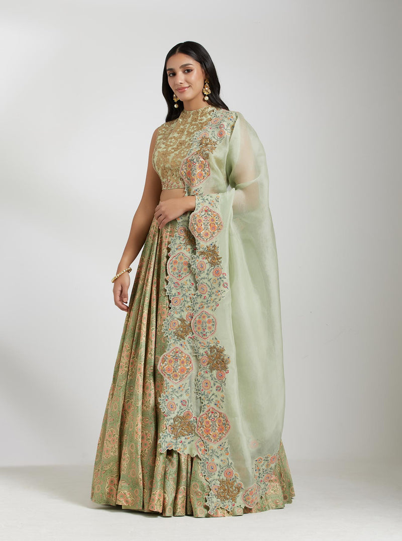 Pista Green Printed Lehenga Set