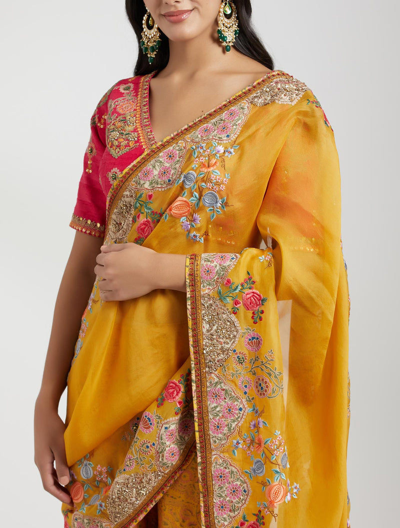 Yellow and Magenta Sharara Saree Set