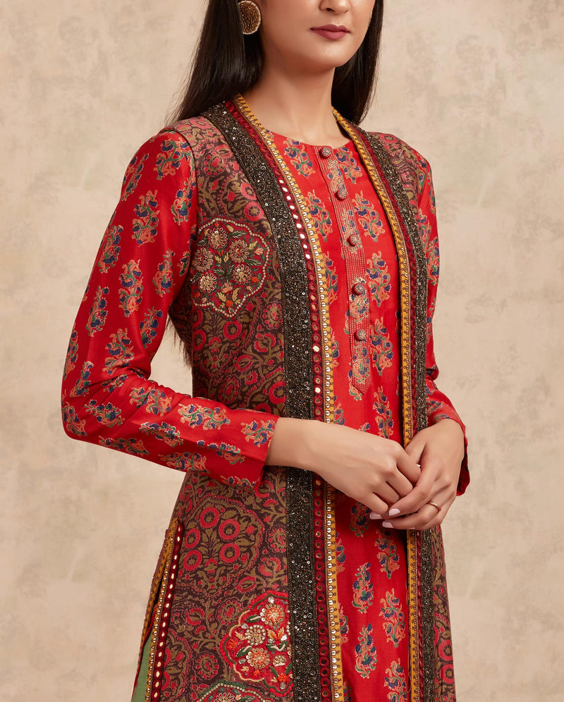 Brown Block Printed and Embroidered Jacket Set