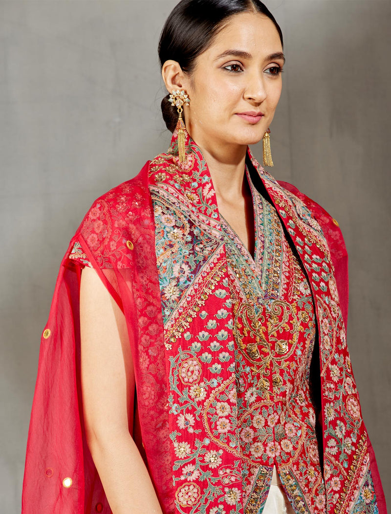 Red Jacket with a Cape and Pleated Salwaar