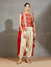 Red High-Low Jacket with a Printed Top and Pleated Salwaar