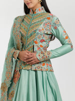 Turquoise Chanderi Jacket With Skirt Set