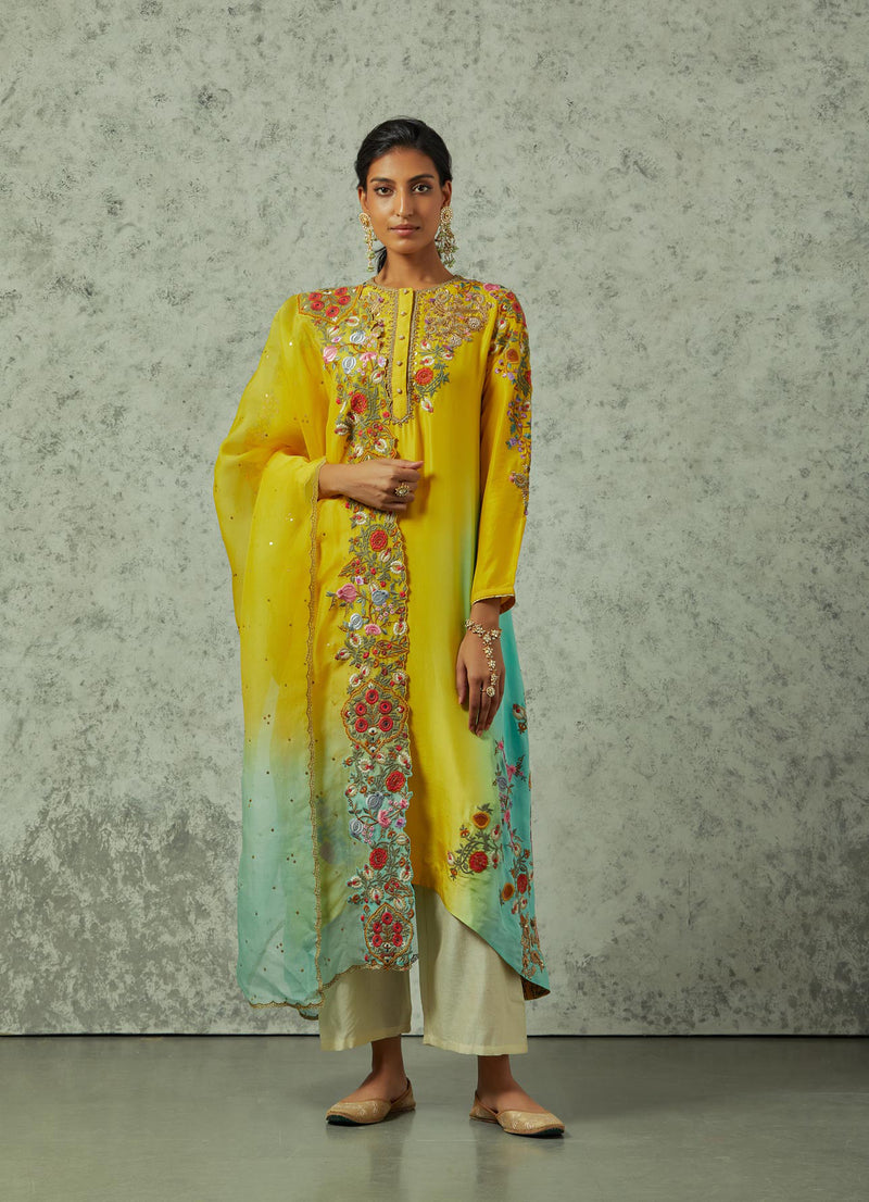 Mustard and Feroza Shaded Kurta with Palazzo Set