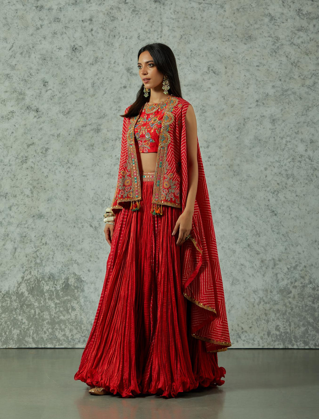 Red Rani Silk Highlow Cape With Chanderi Skirt