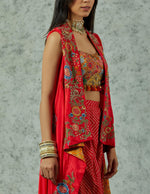 Red Silk Highlow Cape With Dhoti Set