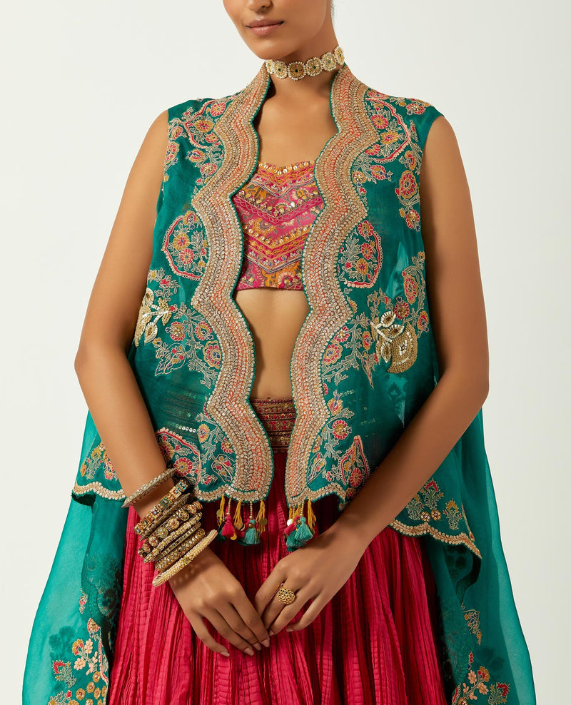 Magenta And Green Chanderi Skrit Set