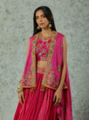 Rani Pink And Red Silk Highlow Cape With Skirt Set