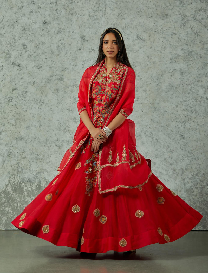 Red Raw Silk Jacket With  Organza Skirt Set