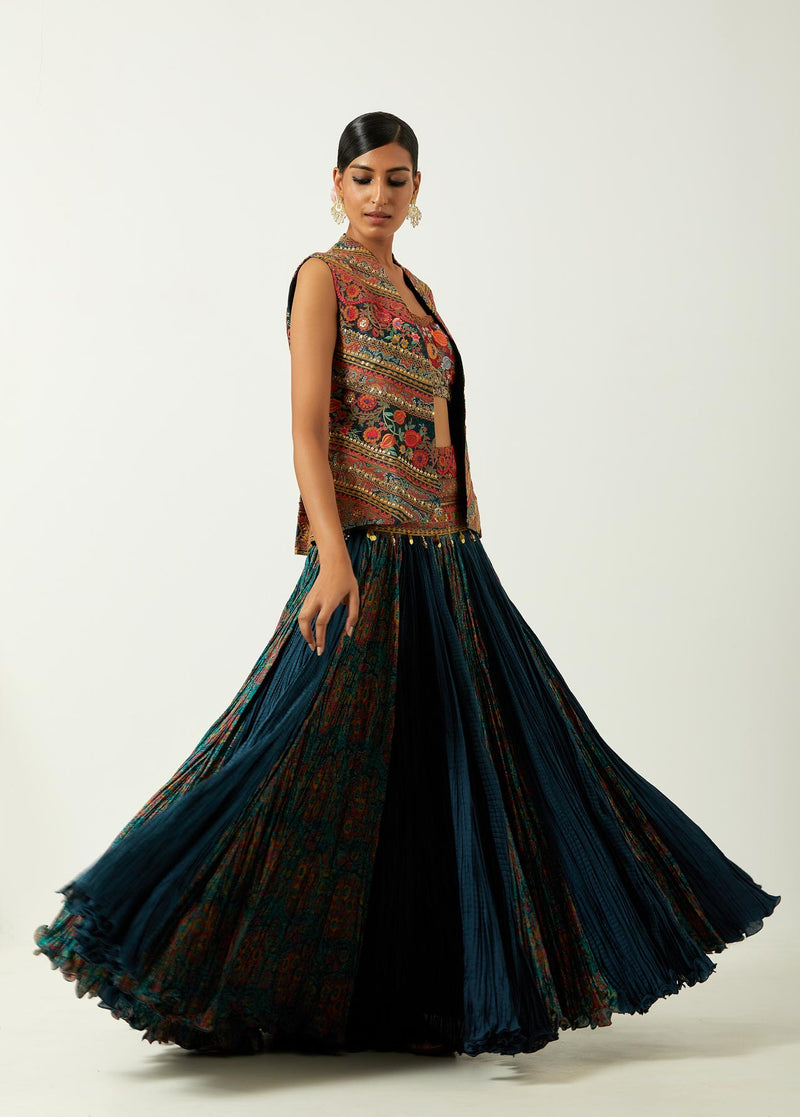 Blue Chanderi Jacket With Skirt Set