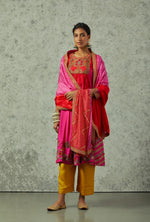 Red and rani shaded silk kurta set