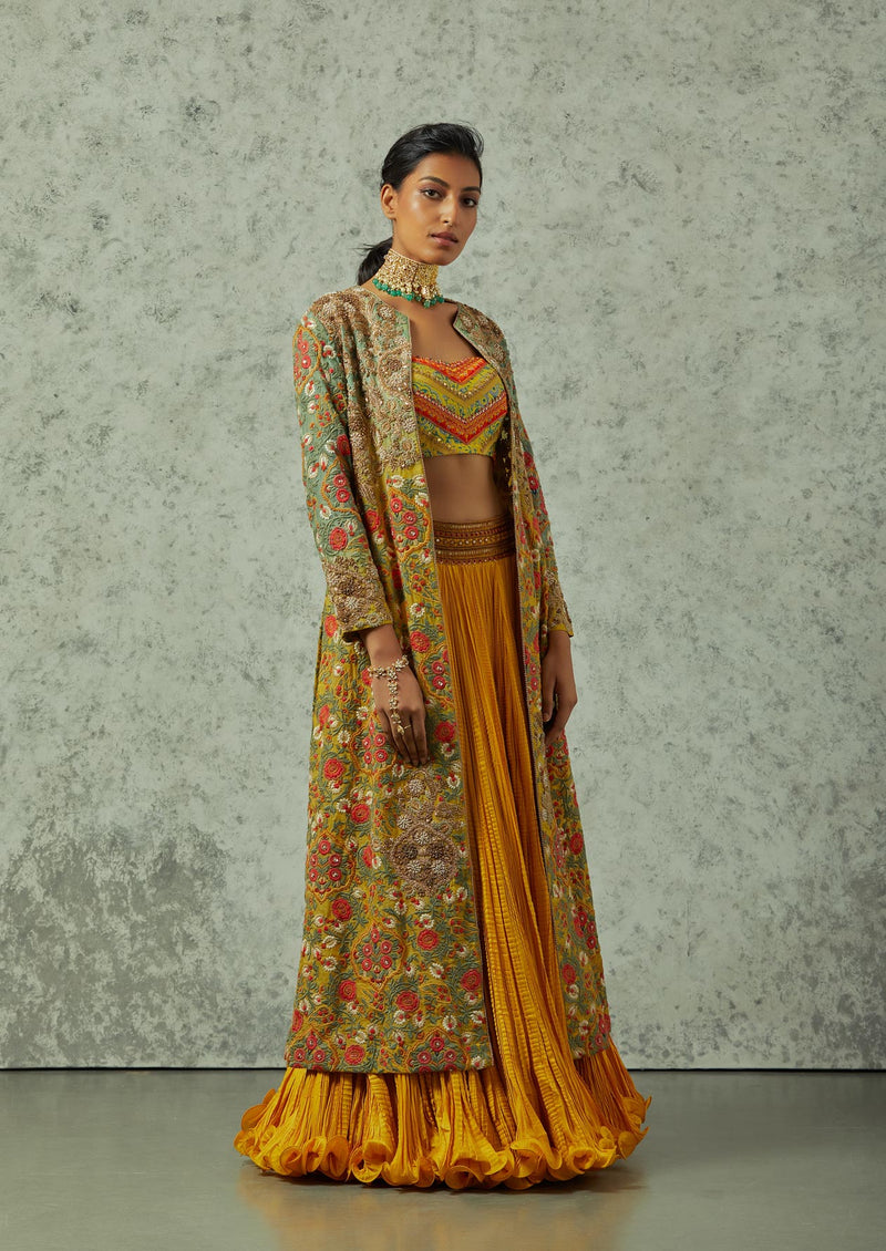 Mustard crinkled skirt with a heavy embroidered jacket set